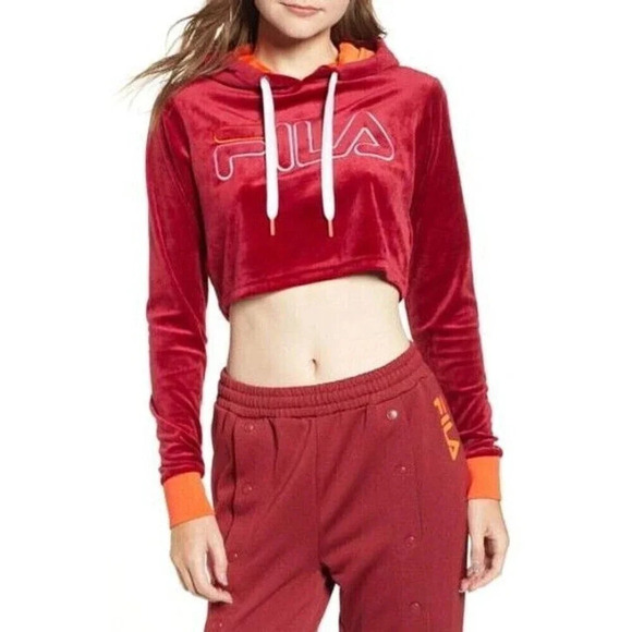 FILA Crop Hoodie Womens Red Orange Small Velour Tibetan Cherry Fall New - Picture 1 of 2